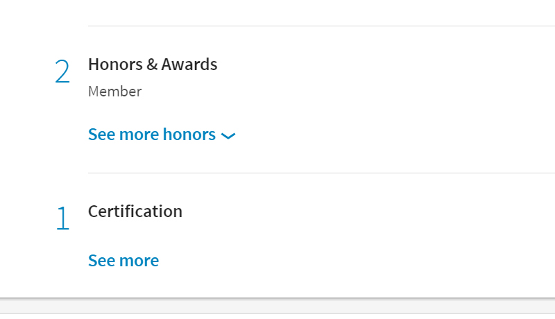 Honors and awards are hidden, certifications are hidden